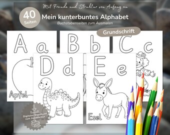 ABC Anlaute Ausmalbilder | 40 Seiten in Grundschrift | Buchstaben lernen | Einschulung 2026 | PDF zum Ausdrucken | Schulanfang Vorschule