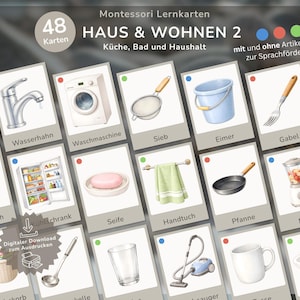 Puede incluir: Un conjunto de 48 tarjetas Montessori tituladas "HAUS & WOHNEN 2" (Casa y Vida 2) en alemán. Las tarjetas representan objetos domésticos como un grifo, una lavadora, un colador, un cubo, un tenedor, etc. Tarjetas para el aprendizaje de idiomas.