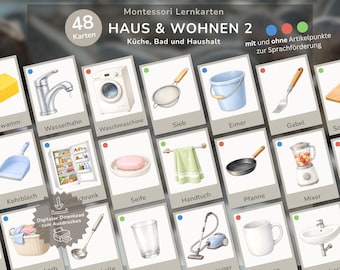48 Home & Living Flashcards | Kitchen, Bathroom, Household | German as a Second Language Learning for Children | the, the, the, Colors | Vocabulary Picture Cards for Kindergarten and Preschool (PDF)