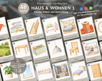 48 Home & Living Flashcards | German as a Second Language Learning for Children | the, the, the, colors | Vocabulary Picture Cards | Language Development in Kindergarten and Preschool (PDF)