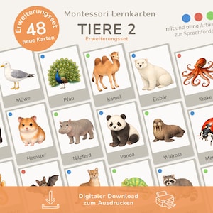 Pode incluir: Conjunto de cartões de aprendizagem Montessori com ilustrações de animais, incluindo chita, gaivota, pavão, camelo, urso polar, polvo, gorila, hamster, hipopótamo, panda, morsa e joaninha. O conjunto inclui 48 cartões novos.