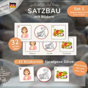 May include: Educational German language learning set featuring picture cards. The cards display images of a woman, a child with a shopping cart, and vegetables. The set includes the text "SATZBAU mit Bildern" and "32 fertige Sätze".