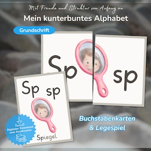 K&ouml;nnte beinhalten: Lernkarten mit den Buchstaben Sp und sp in schwarzer Schrift, begleitet von einer Illustration eines rosa Handspiegels mit einem Kindergesicht. Die Karten enthalten den deutschen Text Spiegel, Grundschrift sowie Buchstabenkarten & Legespiel.