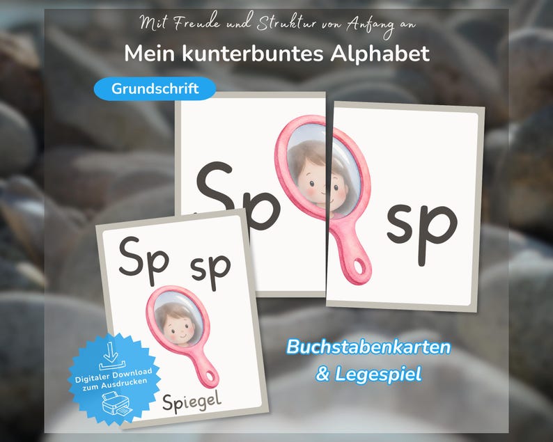 K&ouml;nnte beinhalten: Lernkarten mit den Buchstaben Sp und sp in schwarzer Schrift, begleitet von einer Illustration eines rosa Handspiegels mit einem Kindergesicht. Die Karten enthalten den deutschen Text Spiegel, Grundschrift sowie Buchstabenkarten & Legespiel.