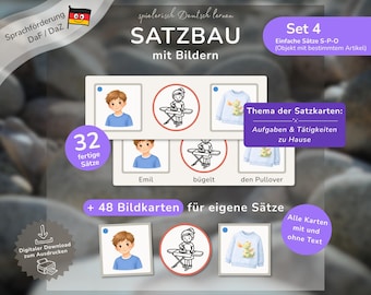 Satzbau mit Bildern Set 4 | Artikel im Akkusativ üben | den die das | DaZ DaF Sprachförderung | Bildkarten Deutsch | Montessori Lernkarten