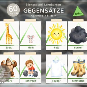 Könnte beinhalten: Montessori-Lernkarten mit dem Text "60 Karten GEGENSÄTZE Adjektive in Bildern". Die Karten zeigen Gegensätze: eine Giraffe und eine Maus, eine Sonne und eine Wolke, ein Gorilla und ein Junge, sowie ein sauberes T-Shirt und schmutzige Stiefel.