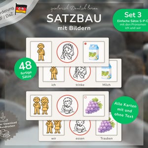 Pode incluir: Cartões educativos para aprender a estrutura das frases em alemão. Os cartões apresentam ilustrações e texto em alemão, incluindo as palavras "ich", "trinke", "Milch", "wir", "essen" e "Trauben". O conjunto inclui 48 frases.