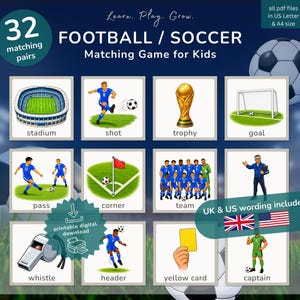 Può includere: Un gioco di memoria digitale stampabile sul calcio per bambini con 32 coppie. Le carte mostrano illustrazioni di uno stadio, tiri, un trofeo, una porta, passaggi, calci d'angolo, una squadra, un arbitro, un fischietto, colpi di testa, cartellini gialli e un capitano.