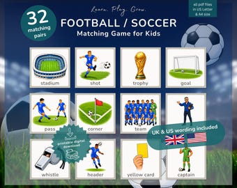 Football Soccer Matching Game for Kids | Printable Memory Game | Vocabulary Cards | UK & US English | World Cup Activity | ESL efl classroom