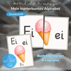 K&ouml;nnte beinhalten: Lernkarten mit den Buchstaben Ei und ei sowie einer Aquarellillustration einer rosa Eist&uuml;te. Die Karten enthalten den Text Mein kunterbuntes Alphabet, Grundschrift, Eis sowie Buchstabenkarten & Legespiel.