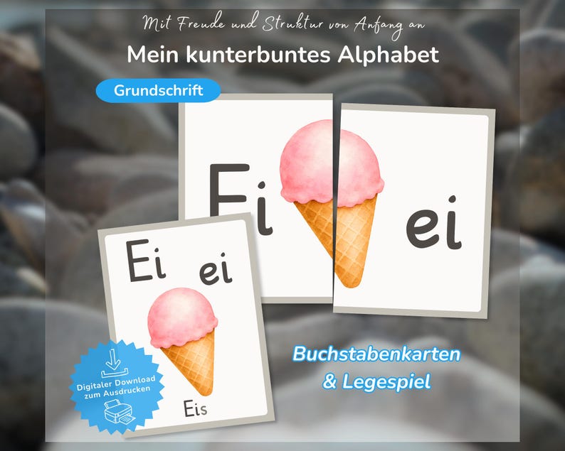 K&ouml;nnte beinhalten: Lernkarten mit den Buchstaben Ei und ei sowie einer Aquarellillustration einer rosa Eist&uuml;te. Die Karten enthalten den Text Mein kunterbuntes Alphabet, Grundschrift, Eis sowie Buchstabenkarten & Legespiel.