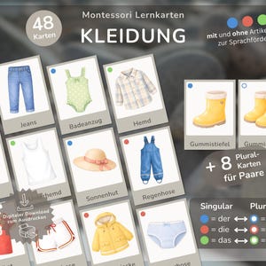 May include: Montessori flashcards with clothing illustrations, including jeans, a swimsuit, a shirt, a t-shirt, a sun hat, and rain pants. The word "KLEIDUNG" is displayed at the top. The set includes 48 cards and is designed for language development.