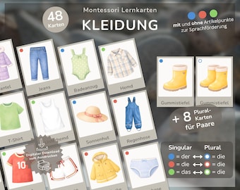 48 Clothing Flashcards for Children | Making Learning Easy | Language Development in Daycare and Preschool | German as a Second Language (DaZ) and German as a Foreign Language (DaF) | Montessori PDF