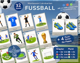32 Fußball Lernkarten Deutsch für Kinder Montessori | Bildkarten mit Artikelfarben | Wortschatz DaZ DaF Sprachförderung | Fußballsommer 2026
