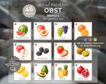 Fruit & Healthy Eating Memory Game for Kids | 48 Pairs to Print | Learn German Vocabulary | German as a Second Language (DaZ) | Practice Articles | Preschool/Kindergarten
