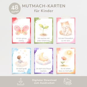 Könnte beinhalten: Ein Set von 48 Aquarellkarten für Kinder, mit Illustrationen eines Schmetterlings, Sprosses, Kätzchens, Kindes auf einer Wolke, Mond und Sonne. Jede Karte hat eine positive Affirmation auf Deutsch. Der Text "MUTMACH-KARTEN für Kinder" ist oben angezeigt.