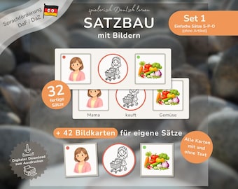 Sentence structure with pictures (PDF) | German as a Second Language (DaZ) / German as a Foreign Language (DaF) language support | Forming sentences without reading | Sentence structure cards for kindergarten, preschool, school | Montessori German