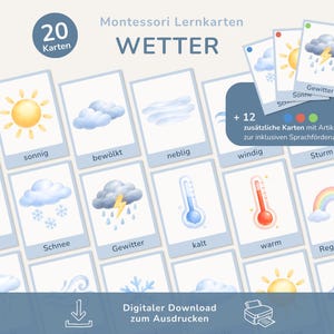 May include: A set of Montessori weather flashcards with illustrations of sunny, cloudy, rainy, and snowy conditions. The cards include German text and are designed for educational purposes. The set includes 20 cards, plus 12 additional cards.