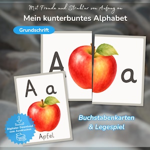 May include: Educational flashcards featuring the letter A in uppercase and lowercase, accompanied by a watercolor illustration of a red apple. The cards include the German text 'Mit Freude und Struktur von Anfang an', 'Mein kunterbuntes Alphabet', 'Grundschrift', 'Apfel', and 'Buchstabenkarten & Legespiel'.