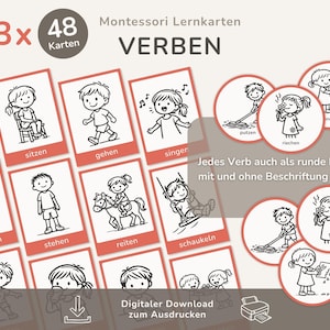 May include: A set of Montessori verb flashcards with illustrations of children performing actions like sitting, walking, and singing. The cards are in German and include the text "VERBEN" and "Digital Download zum Ausdrucken."