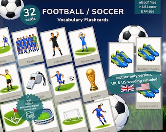 48 Football / Soccer Flashcards for Kids | World Cup Vocabulary Cards | UK & US English | Printable pdf | ESL Activity efl school classroom