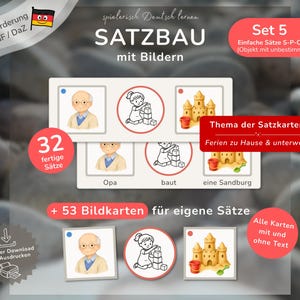 Pode incluir: Conjunto educativo para aprender alemão, intitulado "SATZBAU mit Bildern". Inclui 32 frases pré-feitas e 53 cartões ilustrados. O tema é "Férias em casa e em viagem".