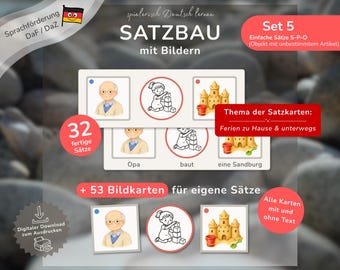 Satzbau mit Bildern Set 5 | Wortschatz Ferien & Akkusativ üben | ein eine einen | DaZ DaF Sprachförderung | Montessori Lernkarten Deutsch
