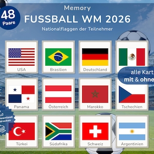 Può includere: Un gioco di memoria con le bandiere dei paesi partecipanti alla Coppa del Mondo FIFA 2026. L'immagine mostra le bandiere di USA, Brasile, Germania, Messico, Panama, Austria, Marocco, Repubblica Ceca, Turchia, Sudafrica, Svizzera e Argentina.