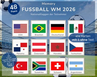 Fußball WM 2026 Memory für Kinder | 48 Flaggen Paare | Nationalflaggen & Länder lernen | Montessori Lernkarten | Spiel zum Ausdrucken