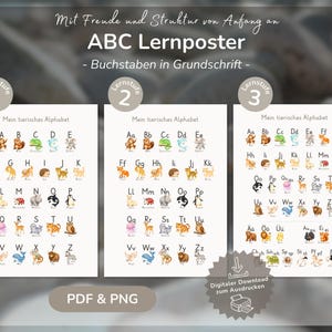 Op de afbeelding: Drie educatieve posters getiteld ABC Lernposter met dierenillustraties voor elke letter van het alfabet. De posters zijn ingedeeld in drie leerniveaus en tonen hoofdletters en kleine letters naast kleurrijke tekeningen van dieren.