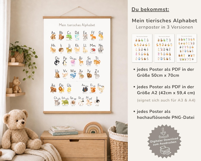 Op de afbeelding: Een witte educatieve poster getiteld Mein tierisches Alphabet met kleurrijke illustraties van dieren bij elke letter van het alfabet, in een houten lijst met ophangkoord, inclusief tekstuele details over de beschikbare digitale bestandsformaten.
