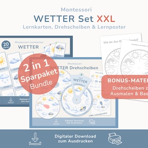 May include: A Montessori weather set with flashcards, a weather wheel, and a poster. The set includes a bundle with 20 cards, a weather wheel, and bonus material for coloring and crafting. The text on the image says "Digital Download to Print".