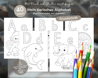 ABC Ausmalbilder Tiere | 40 Seiten in Grundschrift | Buchstaben lernen zur Einschulung 2026 | PDF zum Ausdrucken | Schulanfang Vorschule