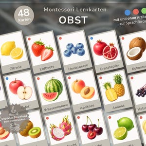 Op de afbeelding: Een set van 48 Montessori-leerkaarten met aquarel illustraties van verschillende vruchten, waaronder citroenen, aardbeien, blauwe bessen en granaatappels. De kaarten zijn in het Duits gelabeld met het woord "OBST" en bevatten de tekst "Digitaler Download zum Ausdrucken."
