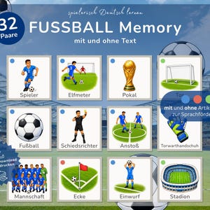 May include: A soccer-themed memory game with 32 pairs, featuring illustrations of players, a trophy, a soccer ball, and other related images. The game includes text in German and is designed for language learning.