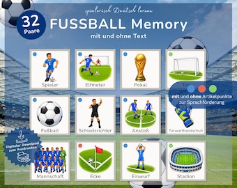 Football Memory Game for Kids for the 2026 World Cup | 32 Pairs with Colored Items | German as a Second Language (DaZ) / German as a Foreign Language (DaF) Vocabulary Game | Printable Language Learning Game