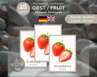 48 bilingual fruit cards (German-English) | Montessori learning cards for children | Printable fruit flashcards | EFL homeschool activity |