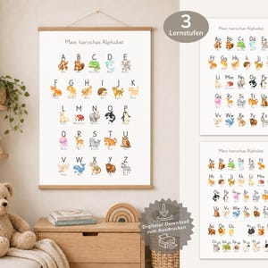 Op de afbeelding: Een witte wandposter met de titel Mein tierisches Alphabet met kleurrijke aquarelillustraties van dieren die corresponderen met elke letter van het alfabet van A tot Z, in een houten lijst met een ophangkoord aan de bovenkant.