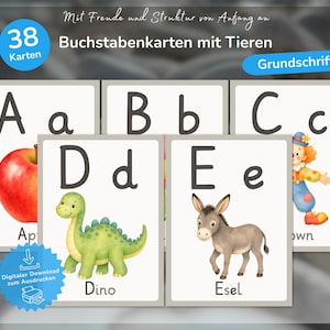 K&ouml;nnte beinhalten: Ein Set aus p&auml;dagogischen Alphabetkarten mit Gro&szlig;- und Kleinbuchstaben, kombiniert mit Illustrationen von Tieren und Objekten. Die Karten zeigen die Buchstaben A bis E, darunter einen roten Apfel, einen gr&uuml;nen Dinosaurier und einen grauen Esel.