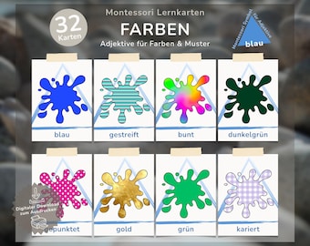 32 Colors & Patterns Flashcards | Montessori Adjective Cards | Language Development for Kindergarten, German as a Second Language, German as a Foreign Language | Picture Cards for German Ages 3+ | Printable PDF