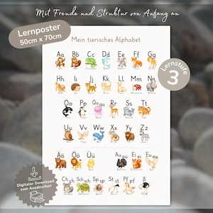 Op de afbeelding: Een witte educatieve poster getiteld Mein tierisches Alphabet met aquarelillustraties van dieren bij elke letter van het alfabet, inclusief umlauten en lettercombinaties. De poster meet 50cm x 70cm en is gelabeld als Lernstufe 3.