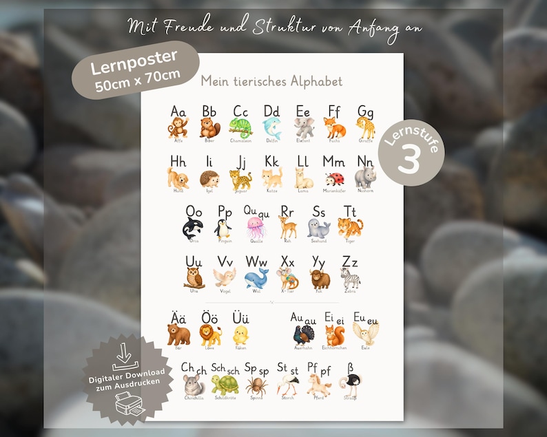 Op de afbeelding: Een witte educatieve poster getiteld Mein tierisches Alphabet met aquarelillustraties van dieren bij elke letter van het alfabet, inclusief umlauten en lettercombinaties. De poster meet 50cm x 70cm en is gelabeld als Lernstufe 3.