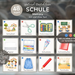 Puede incluir: Un juego de memoria educativo digital titulado SCHULE que incluye 48 pares de tarjetas con ilustraciones de artículos escolares como tijeras, estuche, papel, caja de pinturas, cono escolar, carpeta, bolsa de gimnasia, lápiz y escenas escolares.