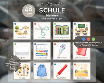 School & School Supplies Memory Game German for Children | 48 Pairs for Starting School 2026 | Vocabulary Game with Articles for German as a Second Language (DaZ) and German as a Foreign Language (DaF) - Printable