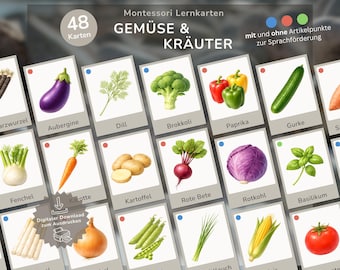 48 Vegetable & Herb Flashcards for German | Montessori Picture Cards for Language Development | with Article Colors for der, die, das | Kindergarten | German as a Foreign Language | German as a Second Language