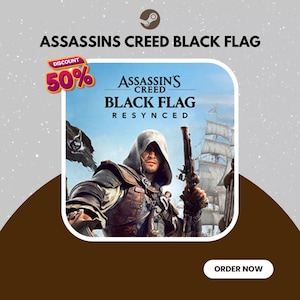 Op de afbeelding: Een digitale gamehoes voor Assassin's Creed Black Flag Resynced met een figuur met een capuchon die een vuursteenpistool vasthoudt. Op de achtergrond is een zeilschip en een zwarte vlag met een schedel-embleem te zien. De tekst luidt Assassin's Creed Black Flag.