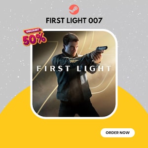 May include: Promotional image for "First Light 007" featuring a man aiming a gun. The game title is prominently displayed, along with a 50% discount badge and the Steam logo. The background is a gradient of gray and yellow.