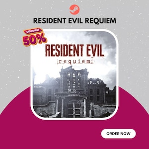 Könnte beinhalten: Werbebild für "Resident Evil Requiem" mit dem Titel des Spiels in einer verwitterten Schriftart über einem Graustufenbild eines gotischen Gebäudes. Ein "50% Rabatt"-Aufkleber befindet sich in der oberen linken Ecke. Das Steam-Logo ist sichtbar.