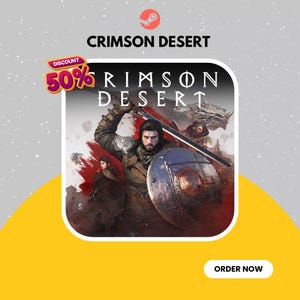 Puede incluir: Imagen promocional del videojuego "Crimson Desert" con un 50% de descuento. La obra de arte presenta un guerrero con espada y escudo, ambientado en un escenario de fantasía. El logotipo de Steam es visible en la parte superior.