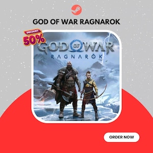 Puede incluir: Imagen promocional del videojuego "God of War Ragnarok" con dos personajes en un paisaje nevado. El título del juego se muestra de forma destacada, junto con una insignia de "50% de descuento" y un logotipo de "Steam". El texto "Ordenar ahora" también está presente.